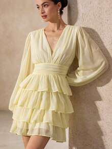 Aveloria Revavyn Vestido mini elegante de mujer con escote en V, mangas abullonadas, cintura con volantes y bajo con volantes de gasa - Amarillo - Ver 5