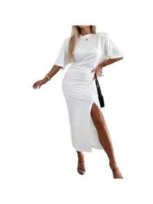 Vestido largo de verano femenino estilo europeo, diseño sensual con abertura y cordones ajustables - Blanco - Ver 3