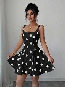Vestido corto elegante negro con lunares de escote cuadrado - Blanco y Negro 2 - Ver 6