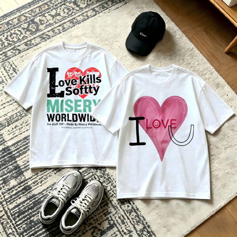 2-Piece Couple Matching Pattern T-Shirt, 100% Cotton, Loose Fit, Soft And Breathable, Casual Round Neck Short Sleeved Top Love Kills Softly Misery Worldwid I Love You Heart Versatile Patterns No Picky Combinations Coordinated Dating Casual Travel Simple And Cartoonish Printing Styles High - 白色 - 查看 1