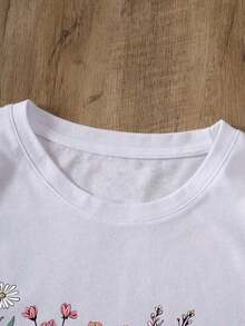Camiseta oversize de cuello redondo con estampado floral para mujer, manga corta holgada, talla grande. - Blanco - Ver 3