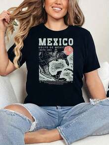 Camiseta Cómoda Wo'S Mexico Bay | Ropa mexicana para vacaciones y fiestas en la playa, top casual de manga corta y cuello redondo, con estampados de letras y del Golfo del México/océano, 95% - Negro - Ver 8