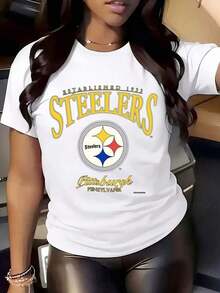 Women's Premium Casual Unisex Crew Neck Steelers Logo T-Shirt, Established 1933, Pittsburgh, Pennsylvania, Casual Print For American Football Fans, Holiday Gift, 220g - 白色 - 查看 1