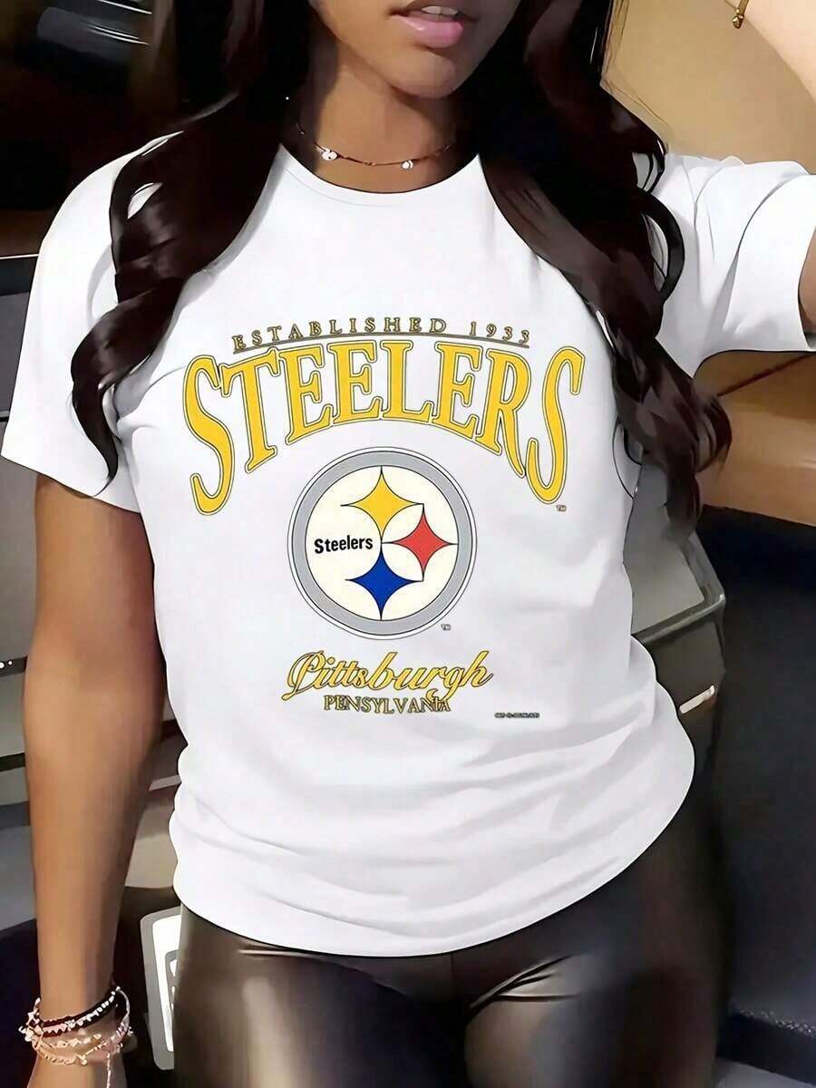Women's Premium Casual Unisex Crew Neck Steelers Logo T-Shirt, Established 1933, Pittsburgh, Pennsylvania, Casual Print For American Football Fans, Holiday Gift, 220g - 白色 - 查看 1