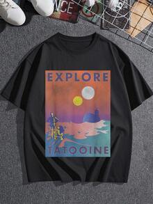 Explora un paisaje de dos soles sobre un horizonte desértico que simboliza aventura y libertad en mundos lejanos camiseta de mujer  cómoda y moderna para amantes de viajes galácticos y fantasía - Negro - Ver 3