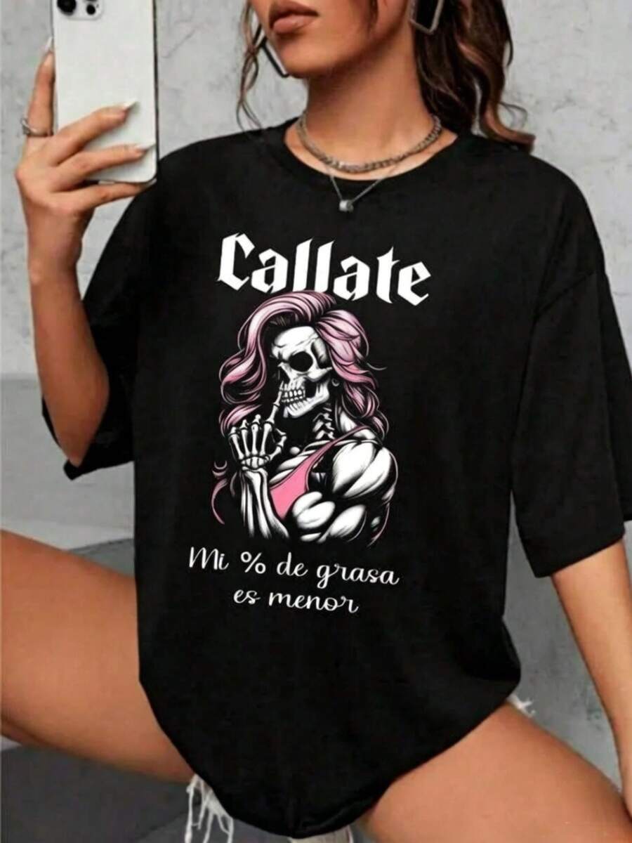 Women's Basic Short-Sleeved T-Shirt Autumn/Winter: Round Neck, Loose Fit, Festive Print Of Stylized Skulls (Halloween/Day Of The Dead), Soft Fabric With Perfect Drape And ULTRA COMBINABLE. - 3 - 查看 1