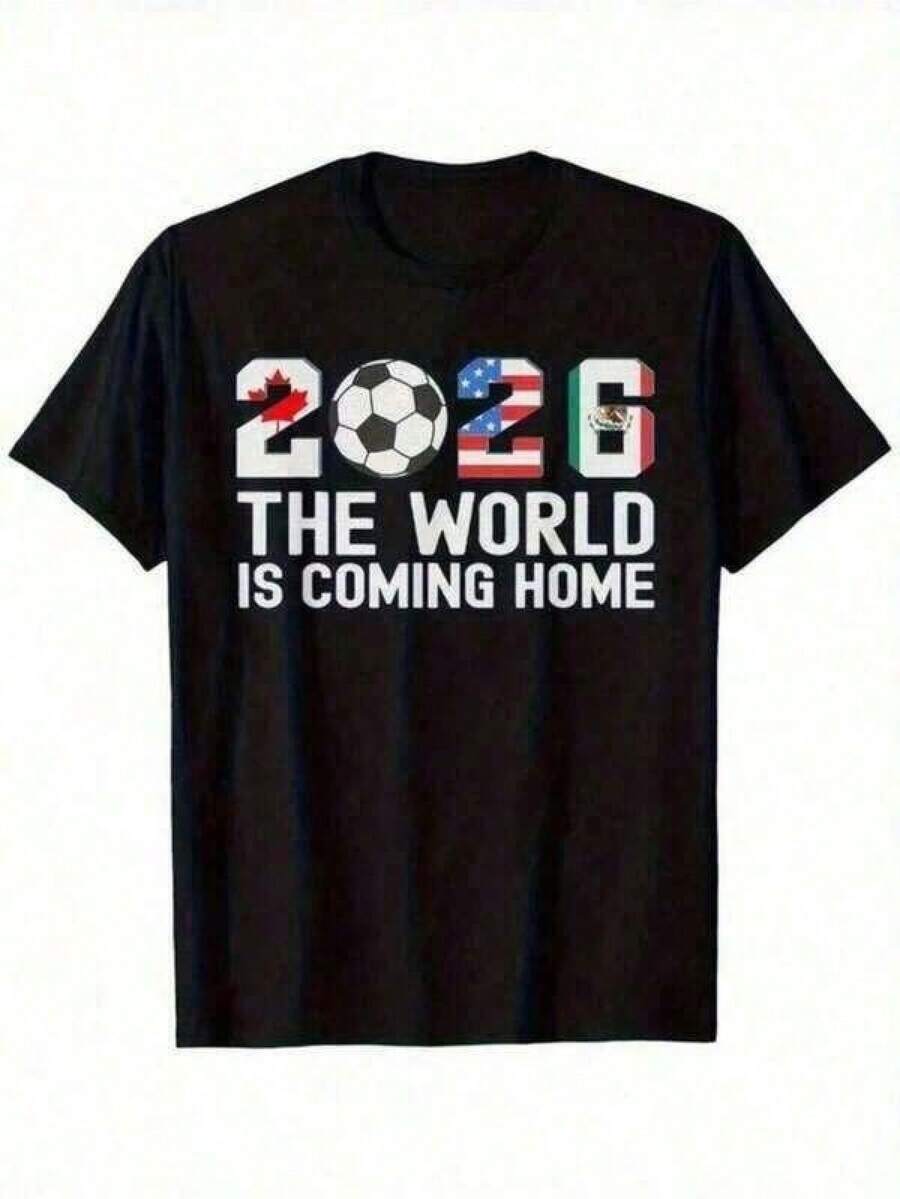 playera hombre Playera de Hombre de Algodón 100% Negra con Estampado Mundial 2026 USA-Canadá-México - Corte Regular para Aficionados al Fútbol Classic Retro Fashion Casual Men's Summer High-Quality Retro Fashion Brand Loose, Soft And Comfortable Casual Black T-Shirt, Casual And Easy-Goin, Men's T-Shirt - Negro - Ver 1