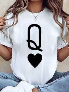 Designed For Modern, Stylish, And Comfortable Women. Women's T-Shirt With A Q And Heart Print, Crew Neck, Basic Tee For Casual Wear, Ideal As A Gift, 220g. Made With Premium Soft And Breathable Fabric, Designed For All-Day Comfort And Versatile Everyday Wear, Perfect For Casual Outings. - 白色 - 查看 11