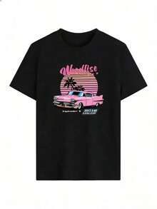 Camiseta con Coche Clásico Rosa y Palmeras al Atardecer,Camiseta de manga corta de moda para primavera y verano de 2026, hecha en México, 180 gramos. Estampado de dibujos animados, modelo de pareja, apta para uso interior o exterior. Cuello redondo, unisex, ideal para oficina y ocio. Paquete de una pieza. - BK-P631577SLNDXZGY502 - Ver 3