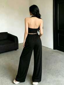Conjunto de 2 piezas con top sin espalda de cuello de halter con lentejuelas y pantalones anchos sueltos, estilo diva sexy - Negro - Ver 4