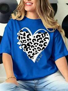 CasualPlayera Blanca de Mujer con Corazón de Leopardo en Blanco y Negro, Camiseta de Moda "Wild Love" de Manga Corta, Top Moderno de Animal Print, Blusa Básica Estilo Estética para Diario o SalidasMust-have - Azul - Ver 6