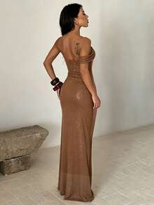 1 pieza Vestido asimétrico/asimétrico elegante, casual y sexy de punto de unicolor, ropa de playa para primavera/verano - Marrón - Ver 5