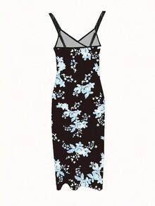 Vestido Bodycon con Estampado Floral, Tirantes Cruzados, Corte en la Cintura y Abertura Alta, para Primavera y Verano, Atuendo Maxi para Mujer - Azul - Ver 2