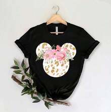 Floral Shirts, Women's T-Shirts, Women's Leopard Print T-Shirts, Travel T-Shirts, Birthday Gifts, Loose Fit Crew Neck T-Shirts - 黑色 - 查看 7