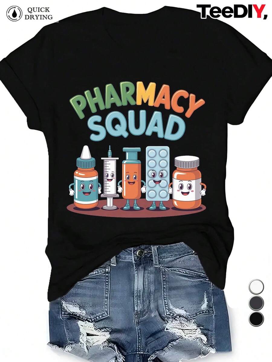 Plus Size Women's T-Shirt With Cartoon Pharmacy Equipment Design - Medicine Bottle Pattern And Pharmaceutical Symbols, Comfortable Round Neck, Short Sleeve, Casual Wear For Work And Daily Use In Pharmacies, Gift For Pharmacists, Suitable For All Seasons. - 黑色 - 查看 1
