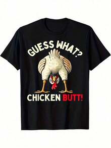 Women's Casual Black Cotton T-Shirt, Short Sleeve, Regular Fit, Round Neck, With A Funny Chicken Butt Print. - 黑色 - 查看 5