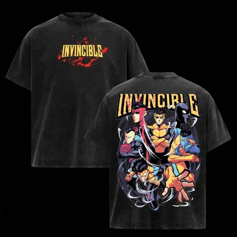 Invincible Graphic T-Shirt With Acid Wash Effect, Mark Grayson Multiverse Comics Print, Distressed Retro Style, Thick Cotton, Oversized Fit, Grunge Streetwear Style, Unisex, Casual, Short Sleeve, Vintage, Superhero Aesthetic, For Comic Book Fans, Men's Clothing. PLZI - 黑色 - 查看 1