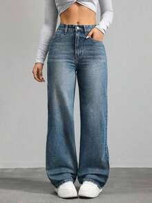 Jeans de mezclilla de unicolor minimalista para uso diario de mujer - Azul lavado oscuro 4 - Ver 7