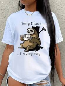 1 Piece Wo'S Casual Round Neck T-Shirt, With A Fun Sloth Bear Print, Fabric, Regular Fit - Spring/Summer Collection. - 白色 - 查看 1