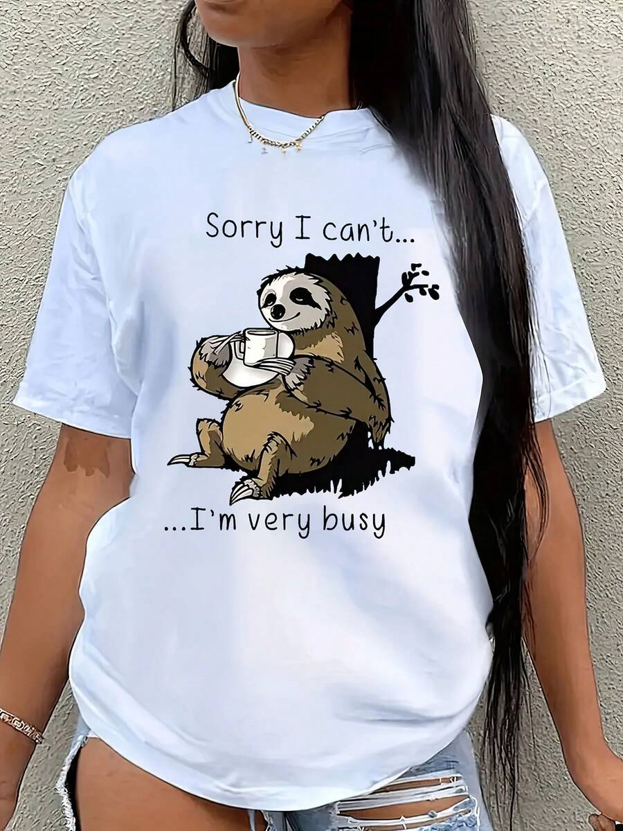 1 Piece Wo'S Casual Round Neck T-Shirt, With A Fun Sloth Bear Print, Fabric, Regular Fit - Spring/Summer Collection. - 白色 - 查看 1