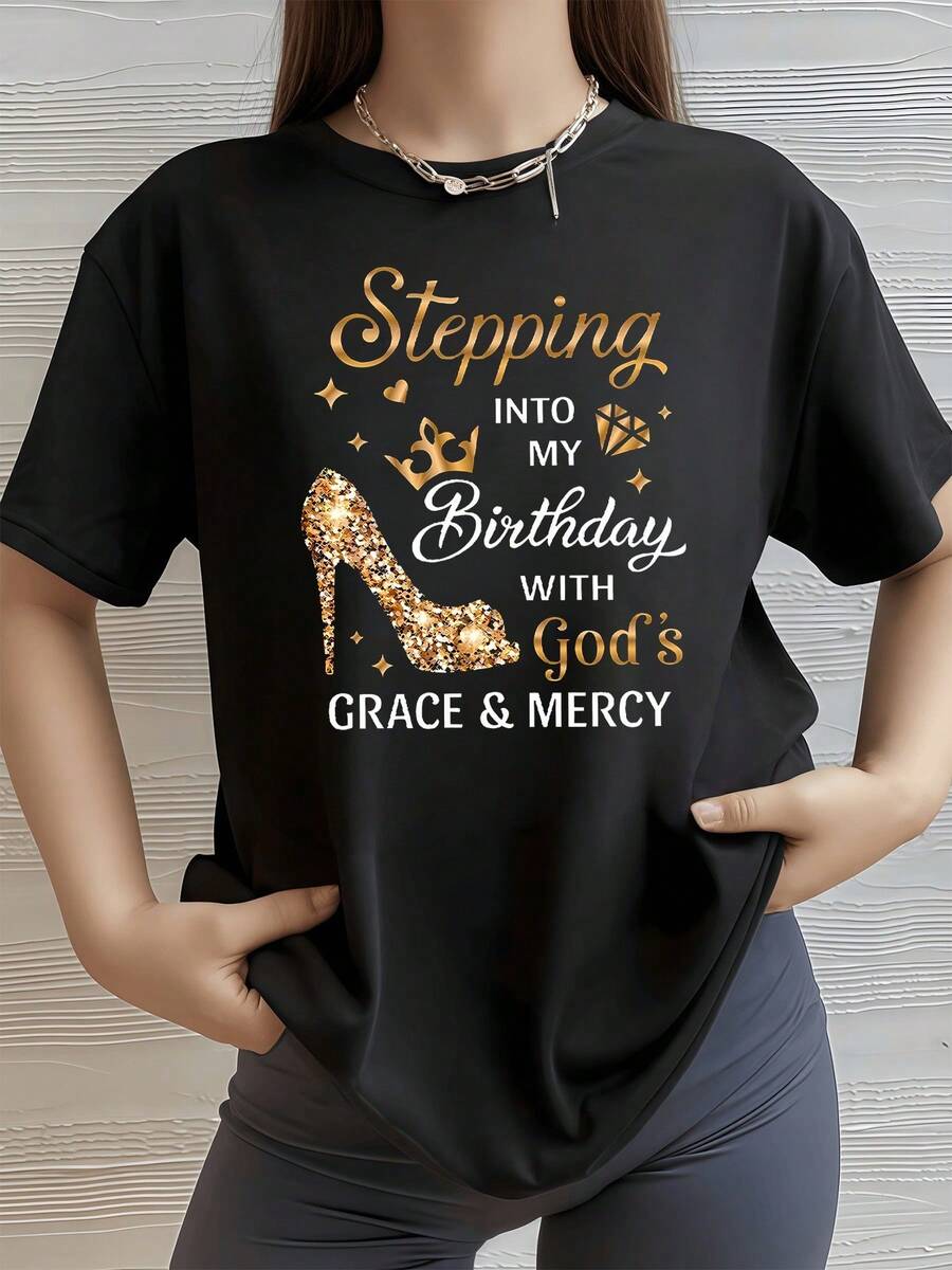 Shiny Gold Shoe With Crown And Hearts Symbolizing Feminine Elegance, Faith And Gratitude For Life, Inspiring Confidence And Celebration; Comfortable, Casual, Modern Women's T-Shirt For Birthdays - 黑色 - 查看 1