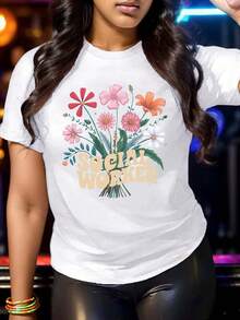 Camiseta de Mujer de Algodón Puro con Ilustración de Ramo de Florista Social, Ajuste Cómodo - Blanco - Ver 1