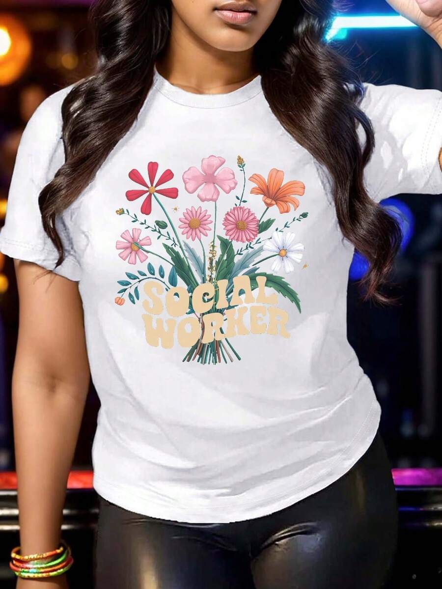 Camiseta de Mujer de Algodón Puro con Ilustración de Ramo de Florista Social, Ajuste Cómodo - Blanco - Ver 1