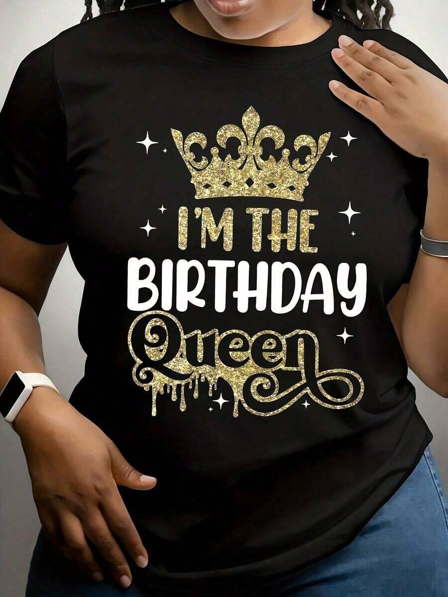 Women's Plus Size "I'M The Birthday Queen" Print Sweatshirt, Casual Loose Fit, Long Sleeve, Perfect For Everyday Wear In Autumn/Winter, Sports And Outdoor Activities - 0XL-5XL - 黑色 - 查看 1