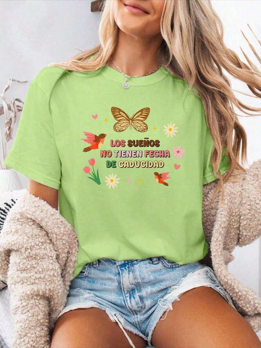 Soft 100% Cotton T-Shirt, 100% Pure Cotton, New Summer Style, Casual Short-Sleeved Crew Neck T-Shirt For Women, Spring/Summer, With Spanish Alphabet Print. | Medium Stretch Fabric. Machine Washable. A Great Gift For Family, Siblings, Friends, Parents, Or Teachers. Breathable Cotton T-Shirt, Goes With Everything. - 綠色 - 查看 1