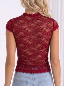 Chaqueta de cuello V con llavero para mujeres camisetas de encaje delgadas de moda de manga corta en verano - Rojo - Ver 5