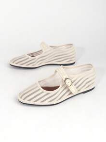 Women's Simple Versatile Strap Round Toe Mesh Polka Dot Mary Jane Flats, Lightweight Comfortable Flat Mary Jane Shoes For Casual, Dancing, Work - Beige - View 1