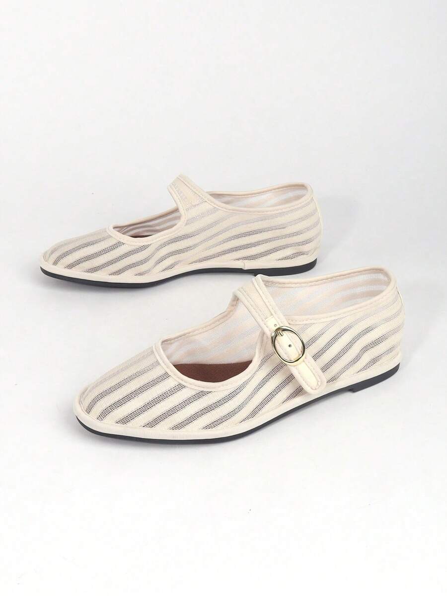 Women's Simple Versatile Strap Round Toe Mesh Polka Dot Mary Jane Flats, Lightweight Comfortable Flat Mary Jane Shoes For Casual, Dancing, Work - Beige - View 1