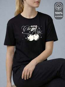 Women's Short-Sleeved T-Shirts, Round Neck, 100% Cotton, Short-Sleeved T-Shirt With "Super Cherry" Fruit Print, Casual Style, Loose Fit, Black Color. - 黑色 - 查看 1