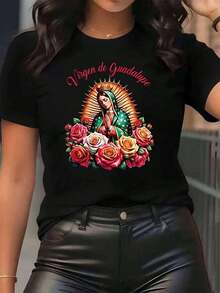 Nuevas llegadas para el verano. Camiseta de mujer con estampado religioso de la Virgen de Guadalupe, con diseño de rosas y halo, cuello redondo, uso diario casual, tela suave y cómoda, blusa para festivales, camisa > Hermosa. - Negro - Ver 1