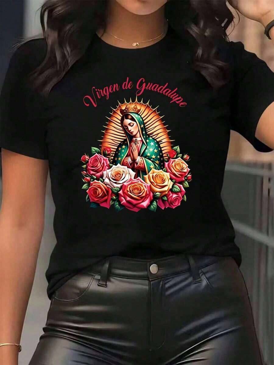 Nuevas llegadas para el verano. Camiseta de mujer con estampado religioso de la Virgen de Guadalupe, con diseño de rosas y halo, cuello redondo, uso diario casual, tela suave y cómoda, blusa para festivales, camisa > Hermosa. - Negro - Ver 1
