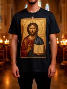 T-Shirt With Orthodox Christian Jesus Christ Icon - Religious Clothing For Church Worship And Daily Wear - Icon Design - Machine Washable T-Shirt With Blessing, Church T-Shirt, T-Shirt With Bible Verse. - 黑色 - 查看 3