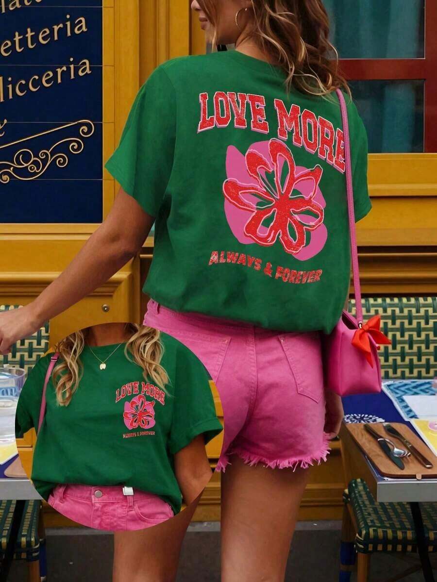 Camiseta de mujer, camiseta de manga corta con gráfico de estilo casual de calle, top de verano lindo - Verde 6 - Ver 1
