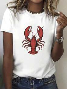 A Stylish Shirt With A Shrimp Print, Made From [Missing Information - Likely A Specific Material Or Fabric]. This Short-Sleeved, Crew-Neck T-Shirt Is Ideal For Spring And Summer, Offering A Breathable And Casual Fit. Perfect For Vacations. - 白色 - 查看 9