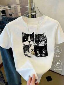 [Entrega Local]Playera Para Mujer Camiseta Con Estampado De Camisa Casual Para Mujer, Manga Corta Y Cuello Redondo, Moda Urbana Local De Primavera/Verano. - Blanco - Ver 6