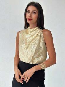 Camisa asimétrica plisada de color albaricoque, elegante y de moda, para uso diario en la oficina, de vacaciones o en festivales de música, para primavera/verano - Albaricoque - Ver 4