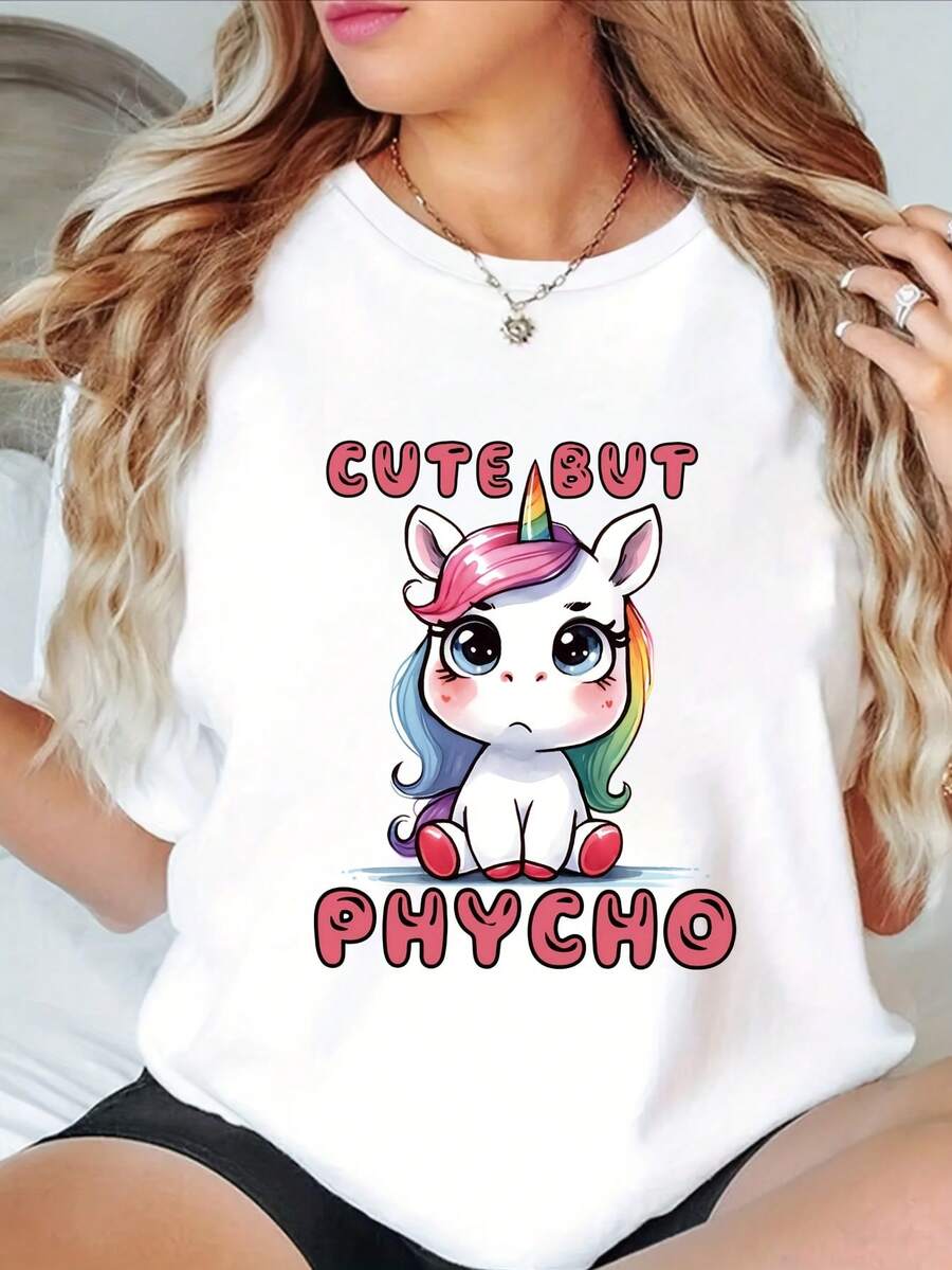 Kawaii Unicorn T-Shirt With Attitude, Dark Academy Aesthetic Graphic Tee, Urban Fashion Top, Sweatshirts And Hoodies For Women - 白色 - 查看 1