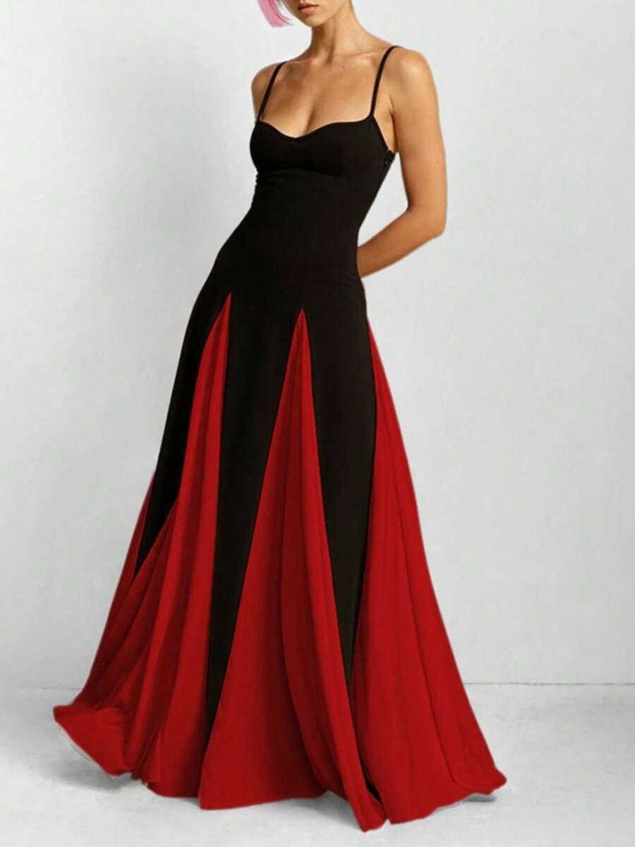Elegant High Waist Plain Strap Dress Spring 2026 - Red and Black - View 1