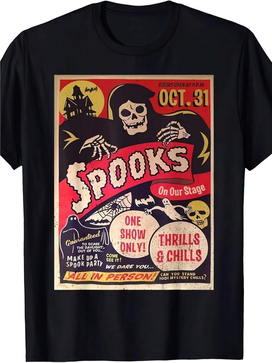 Retro Halloween T-Shirt With Horror Print, Short Sleeve, Casual And Comfortable, Crew Neck, For Everyday Wear. This Short-Sleeved T-Shirt Features A Stylish Print, A Casual Crew Neck, And Is Soft And Comfortable, Making It Suitable For Everyday Wear. It's An Ideal Short-Sleeved T-Shirt For Lounging At Home, Everyday Wear, Parties, And Travel, And Makes A Perfect Gift For Friends Or Family. - 黑色 - 查看 1
