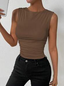 Camiseta de tirantes ajustada con cuello de tripulación y pliegues de unicolor de verano para mujer - Café integral 2 - Ver 1