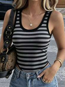 Mono de punto acanalado de unicolor minimalista para uso diario y casual de mujer, con cuello de pico ajustado y sin mangas - Negro 2 - Ver 4