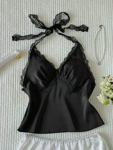 Top halter sin espalda con parches de lunares y encaje para mujer - Negro - Ver 3