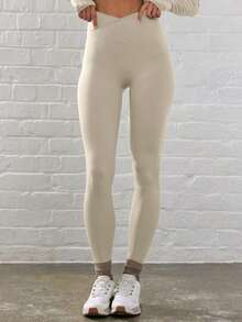 Sport Leggings ajustados de cintura contorneada y cruzada para actividades, pádel, tenis, pickleball, gimnasio, fitness, pilates y uso casual diario - Crema - Ver 2