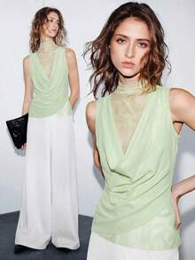 Camiseta sin mangas sexy con cuello drapeado de malla transparente, volantes y bajo asimétrico para mujer, nueva colección primavera/verano - Verde - Ver 8