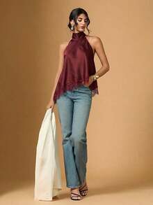 2026 Nuevo Llegado Blusa Asimétrica con Escote Halter y Encaje para Mujer, Top de Verano, San Valentín para Mujeres, Top para Salir, Top Negro, Estilo Old Money, Vacaciones, Primavera Mujer, Día de San Valentín - Burdeos - Ver 6