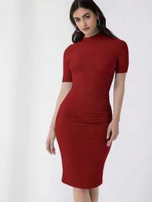 Vestido ajustado unicolor de cuello alto - Burdeos - Ver 5